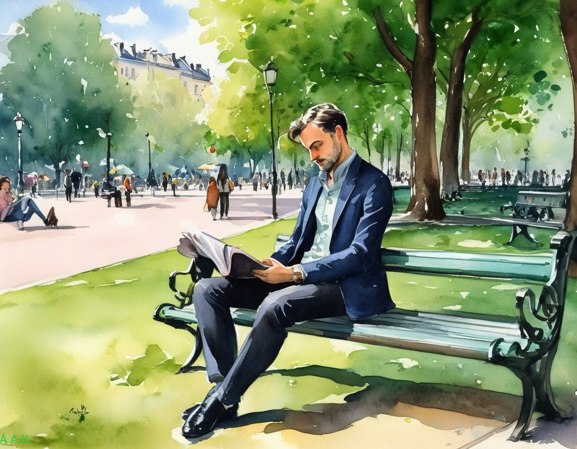 Serene Park Scene with Man Reading Newspaper