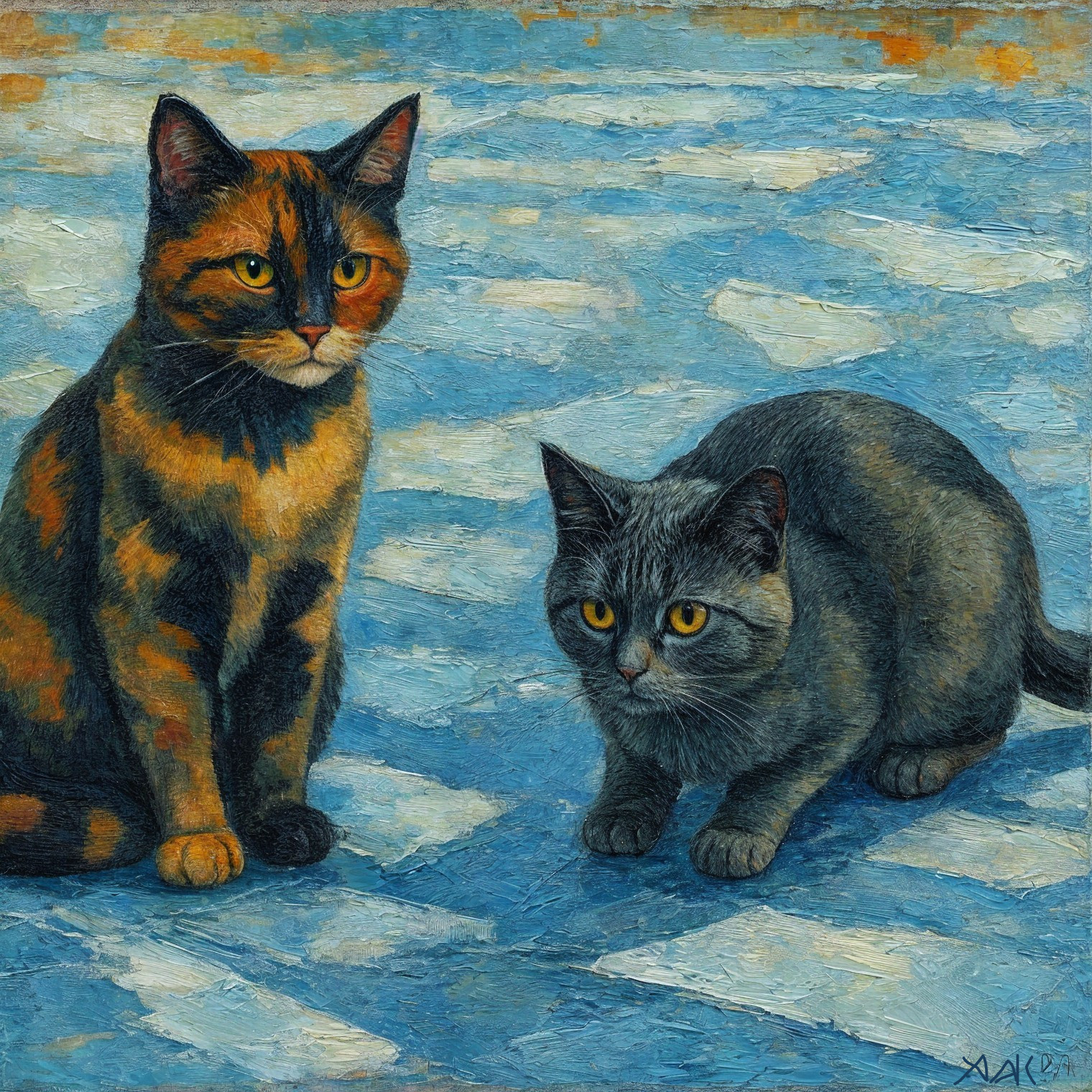 Two Cats on Textured Blue Surface in Artwork