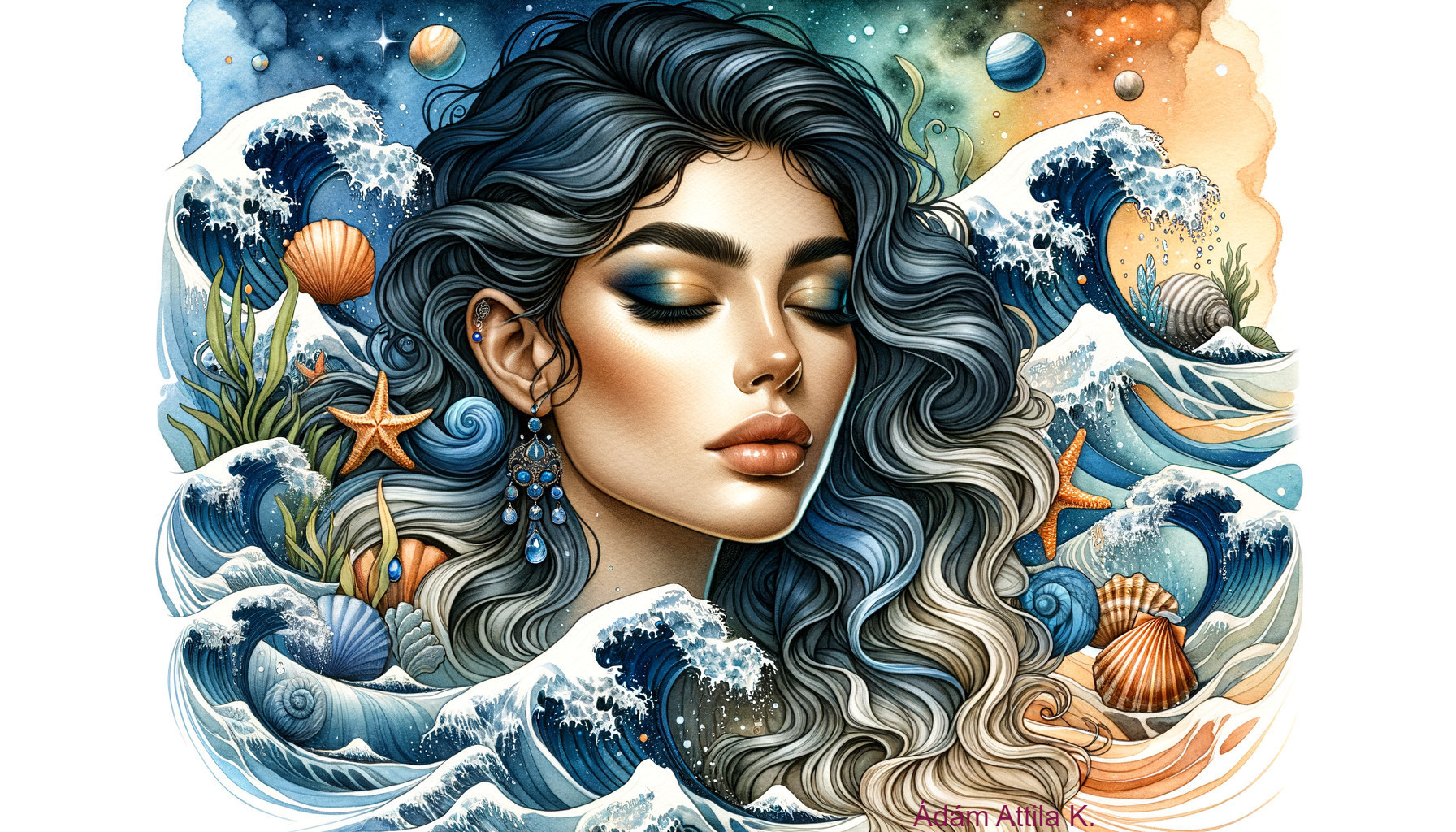 Serene Woman Amidst Ocean Waves and Celestial Elements