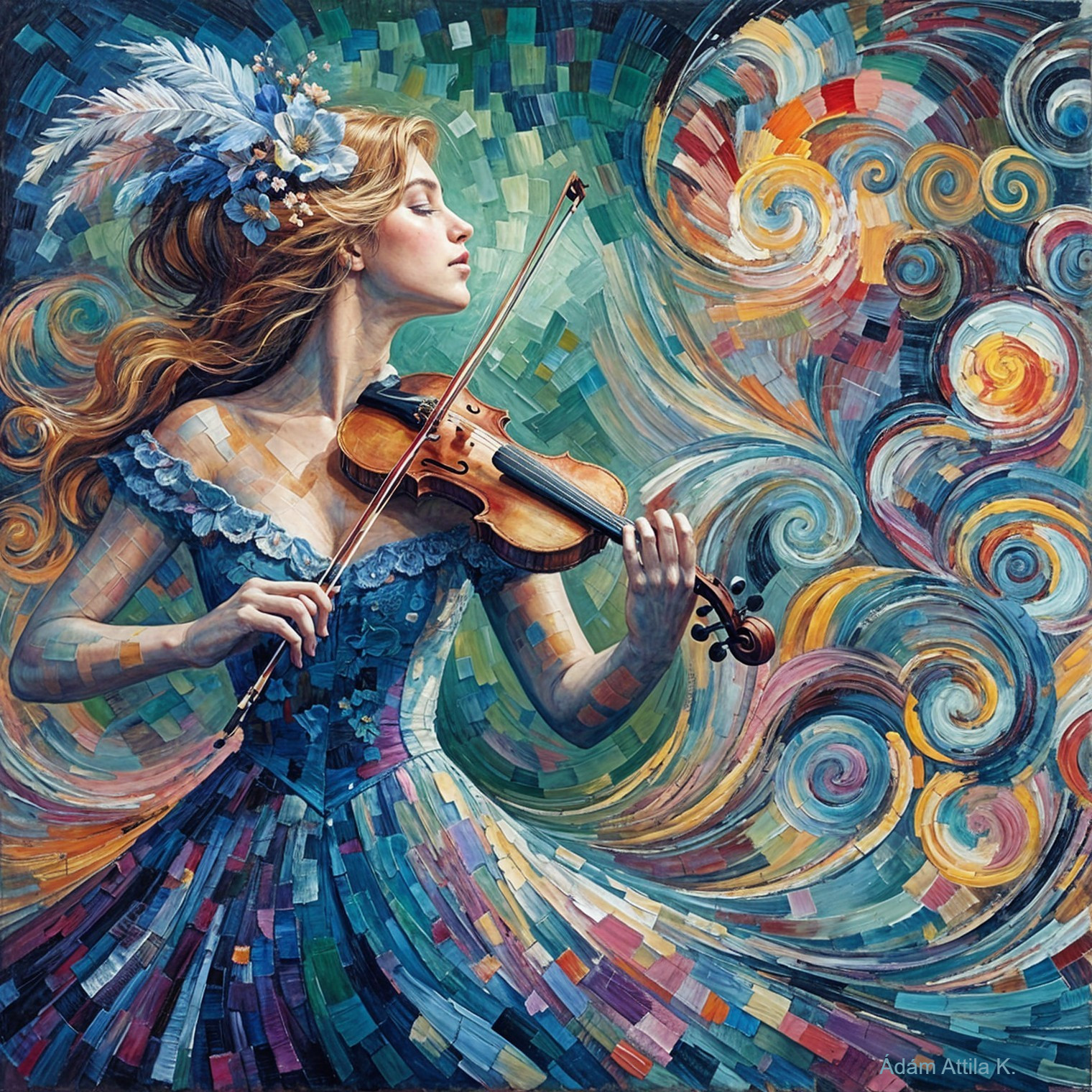 Young Woman Playing Violin in Colorful Dress