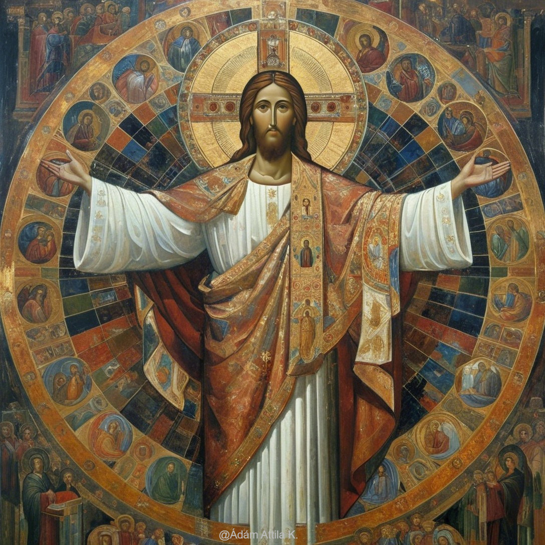 Majestic Christ Surrounded by Saints in Vibrant Art