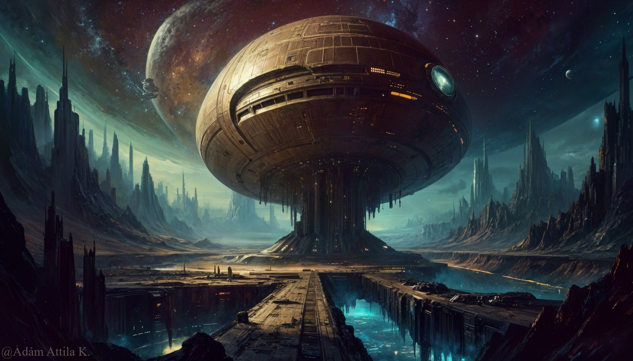 Futuristic Structure Above Alien Landscape with Water