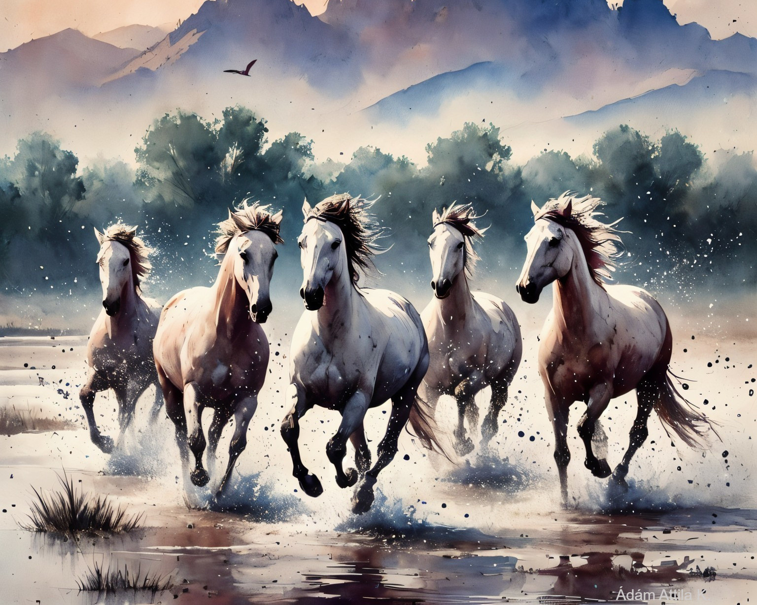 Watercolor of Galloping White Horses in Shallow Water