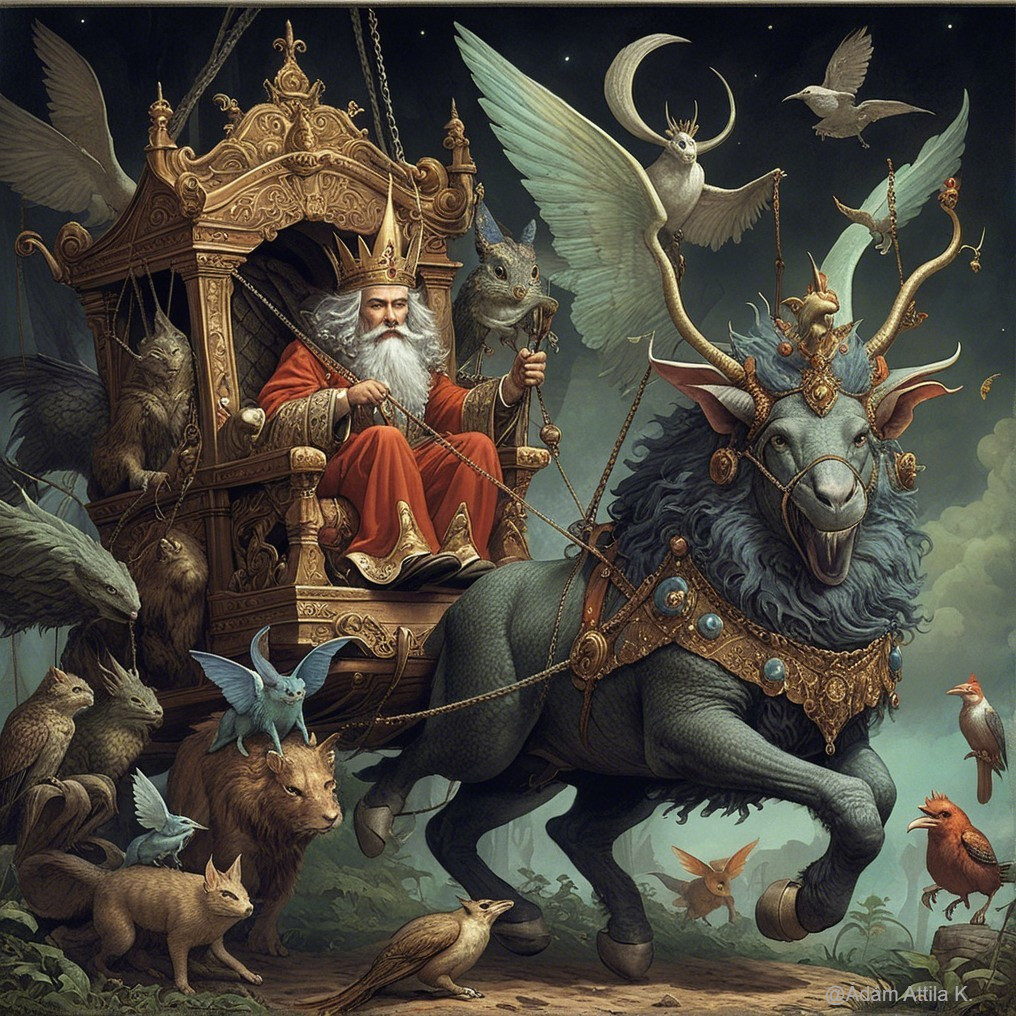 Regal King on Throne with Mythical Blue Creature