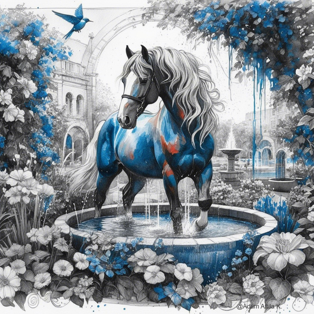 Majestic horse in fountain surrounded by flowers and greenery