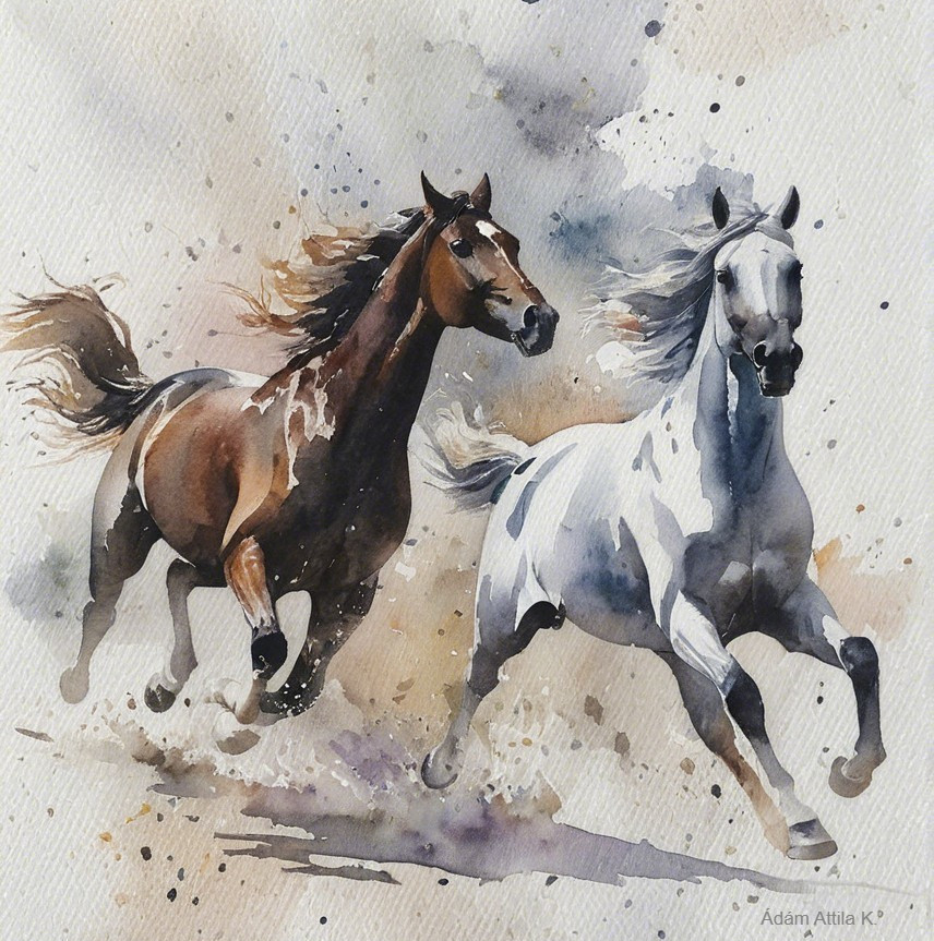 Watercolor Painting of Galloping Horses in Motion