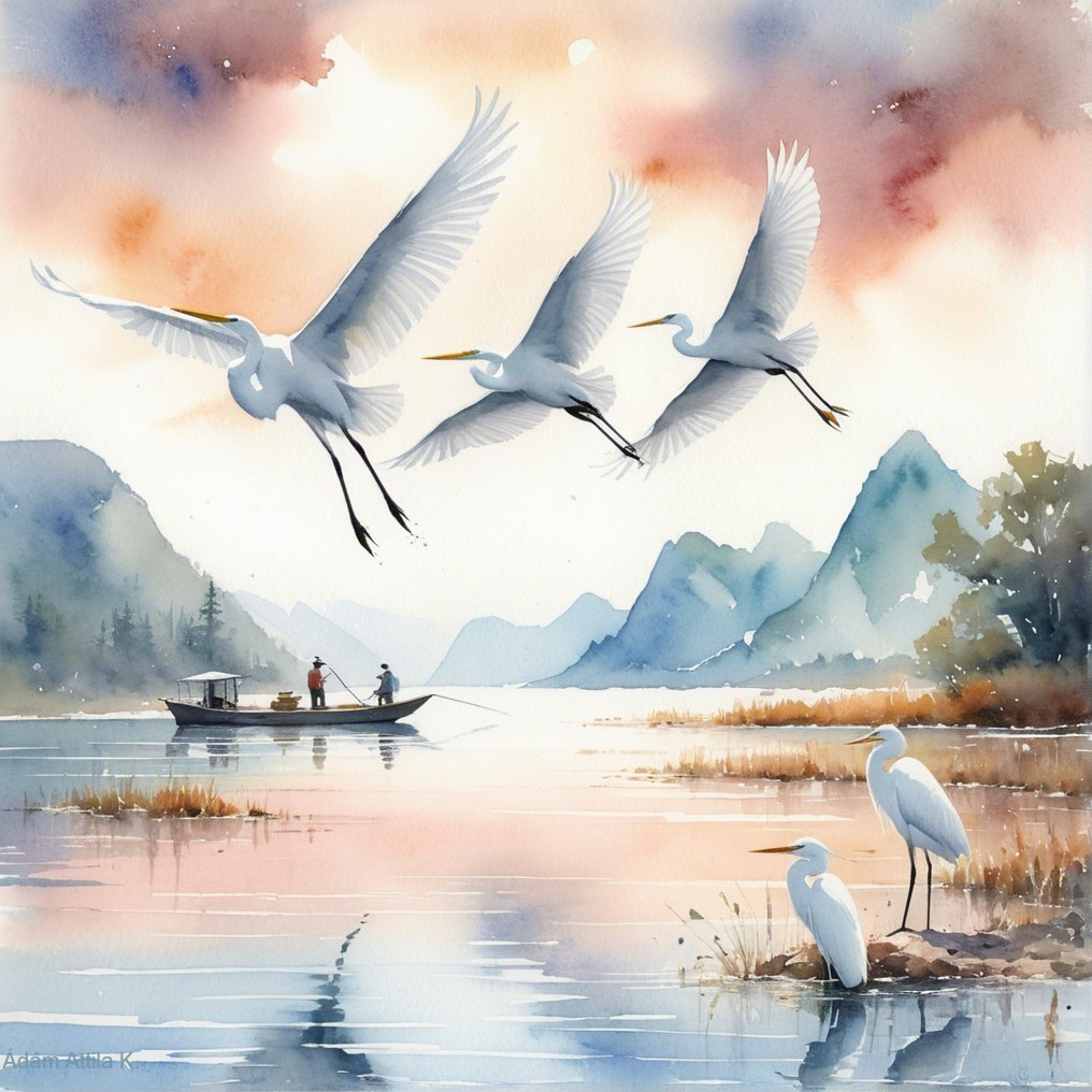 Tranquil River Scene with Egrets and Mountains