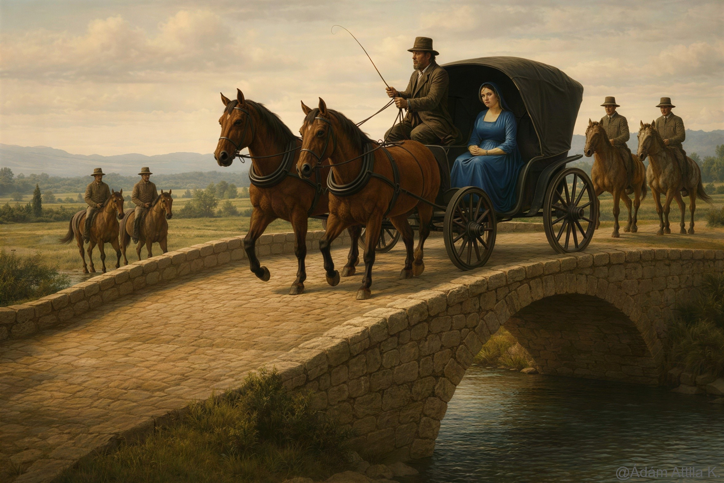 Medieval Carriage and Riders on Cobblestone Bridge
