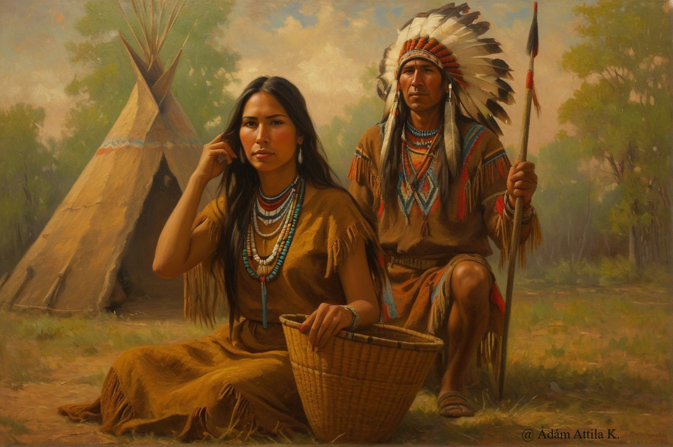 Traditional Indigenous Scene with Beadwork and Teepee