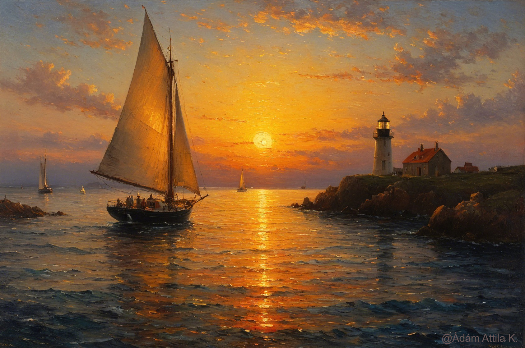 Serene Coastal Sunset with Sailing Boat and Lighthouse