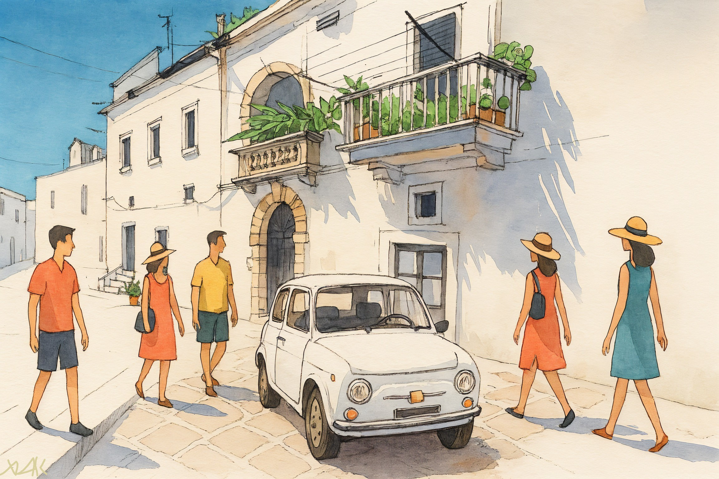 Vintage Car on Sunlit Mediterranean Street Scene