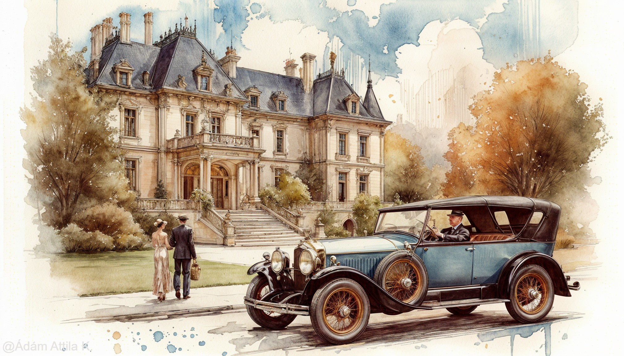 Vintage Blue Car in Front of Grand Mansion Scene
