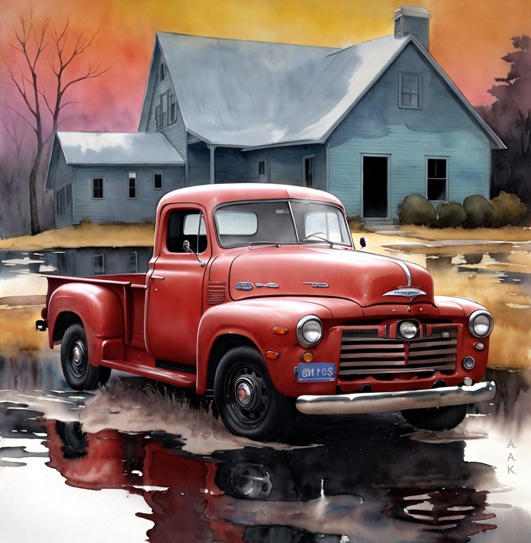 Vintage Red Pickup Truck by Blue Farmhouse at Sunset