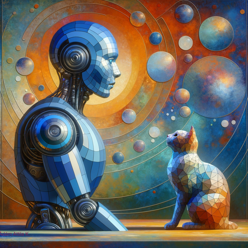 Futuristic Scene of Robot and Geometric Cat in Cosmic Colors
