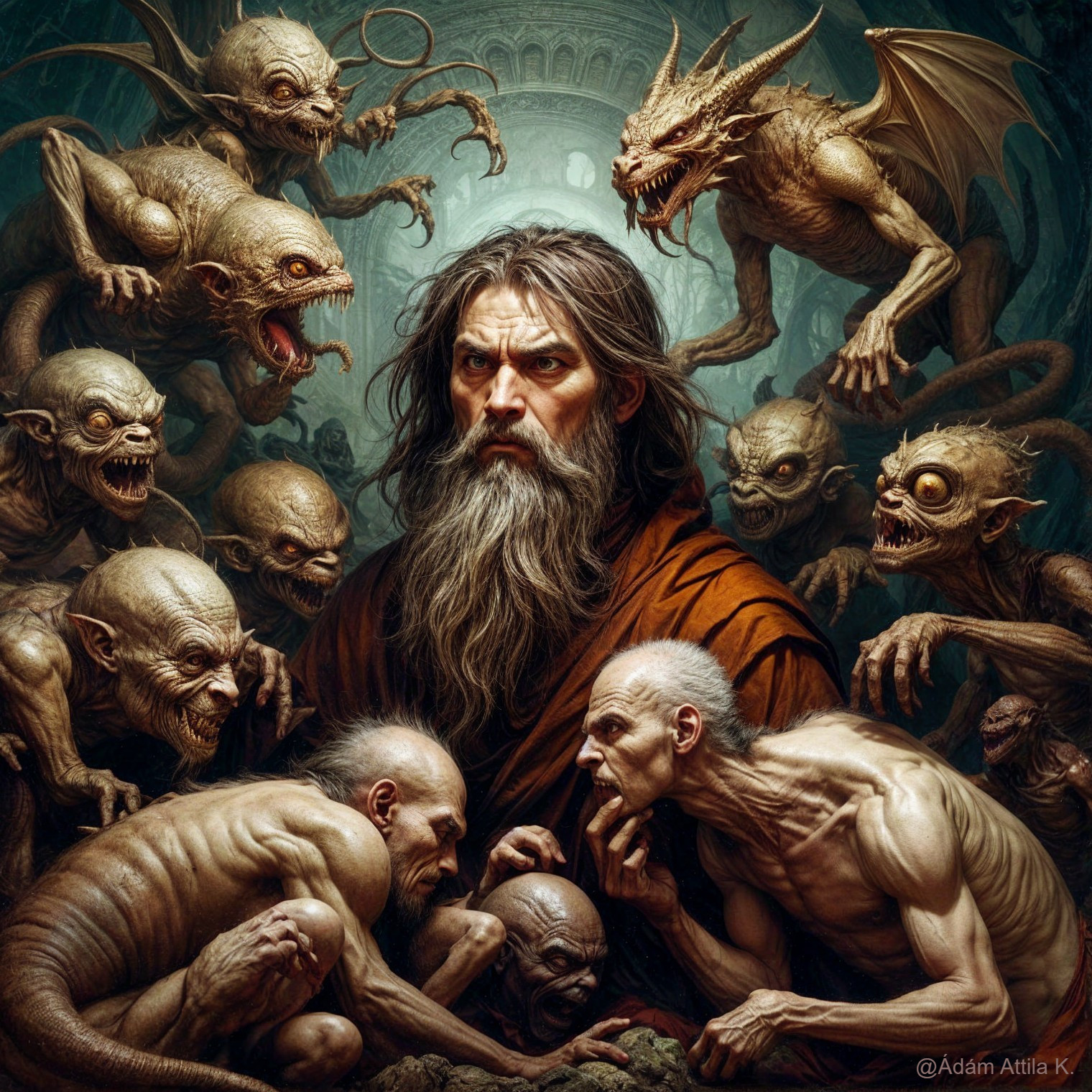 Mysterious Bearded Figure Surrounded by Grotesque Creatures