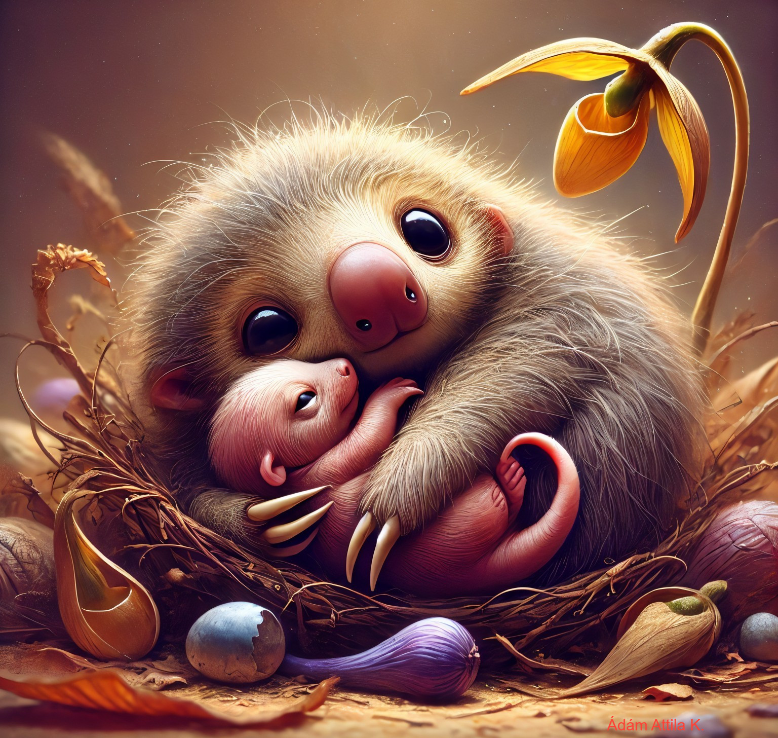 Fluffy Creature with Baby in Colorful Nest Scene