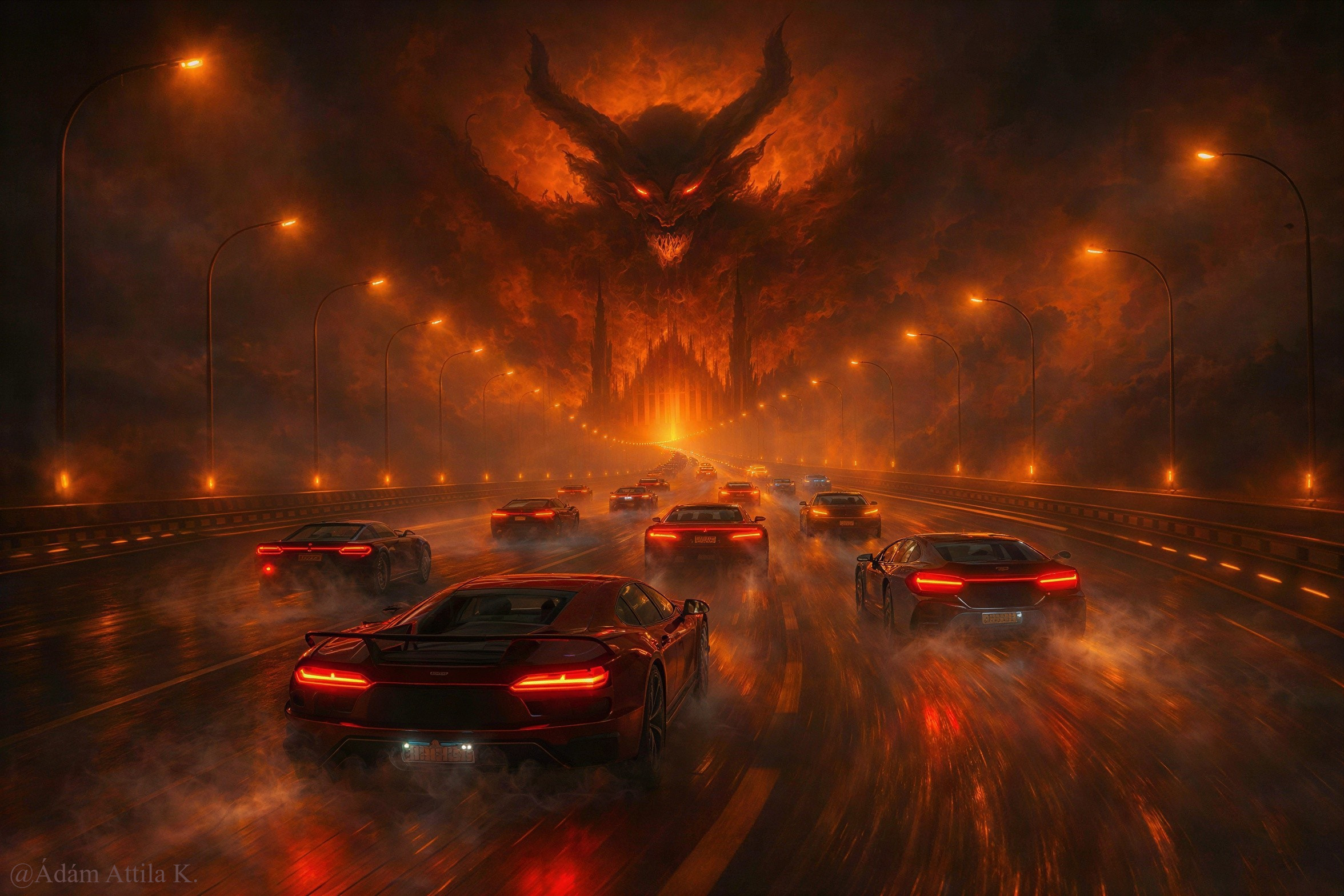 Nighttime Highway Scene with Red Sports Cars and Demonic Sky