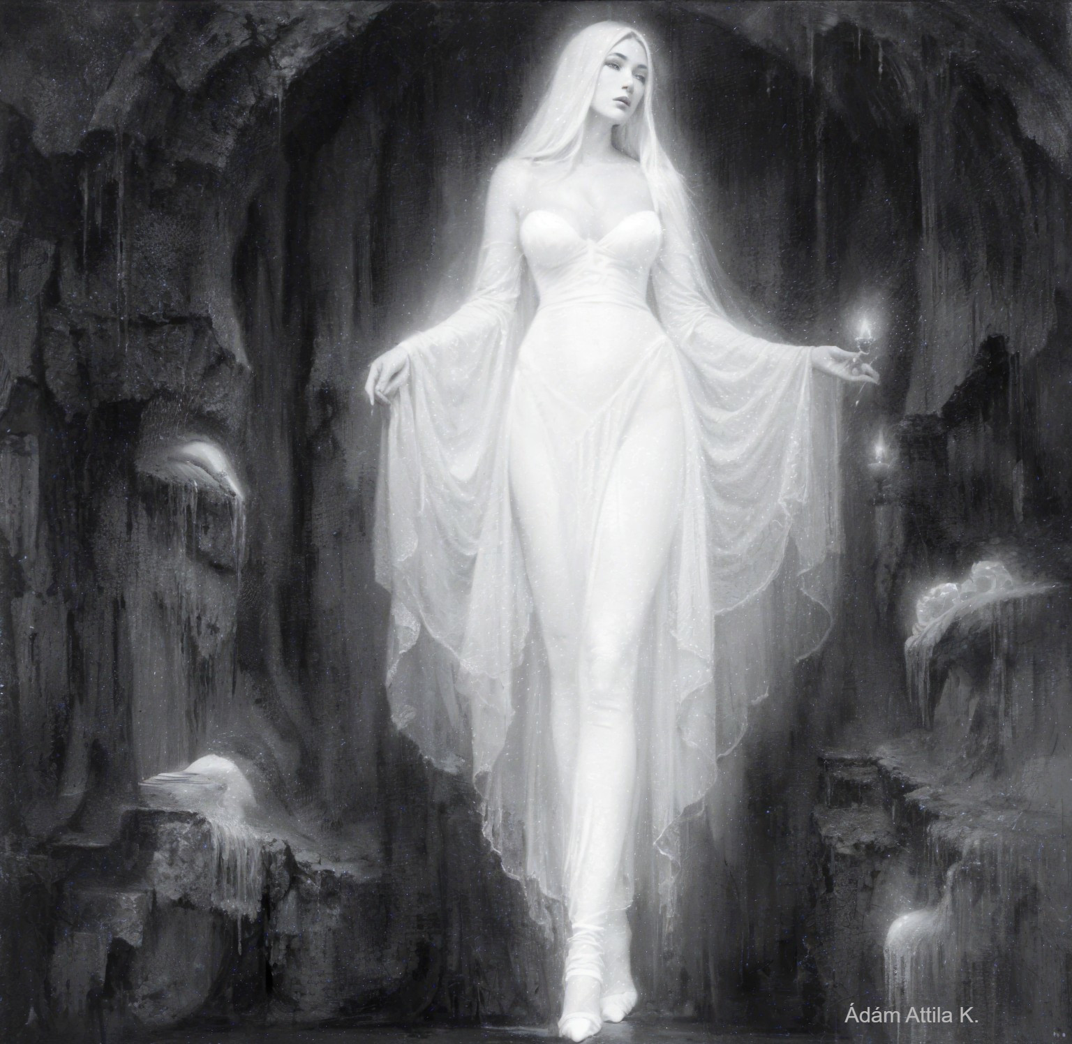 Ghostly Figure in White Attire in Dark Cavern