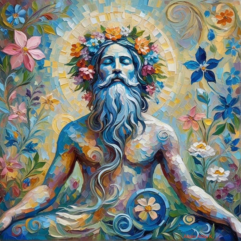 Serene Figure Surrounded by Vibrant Floral Designs