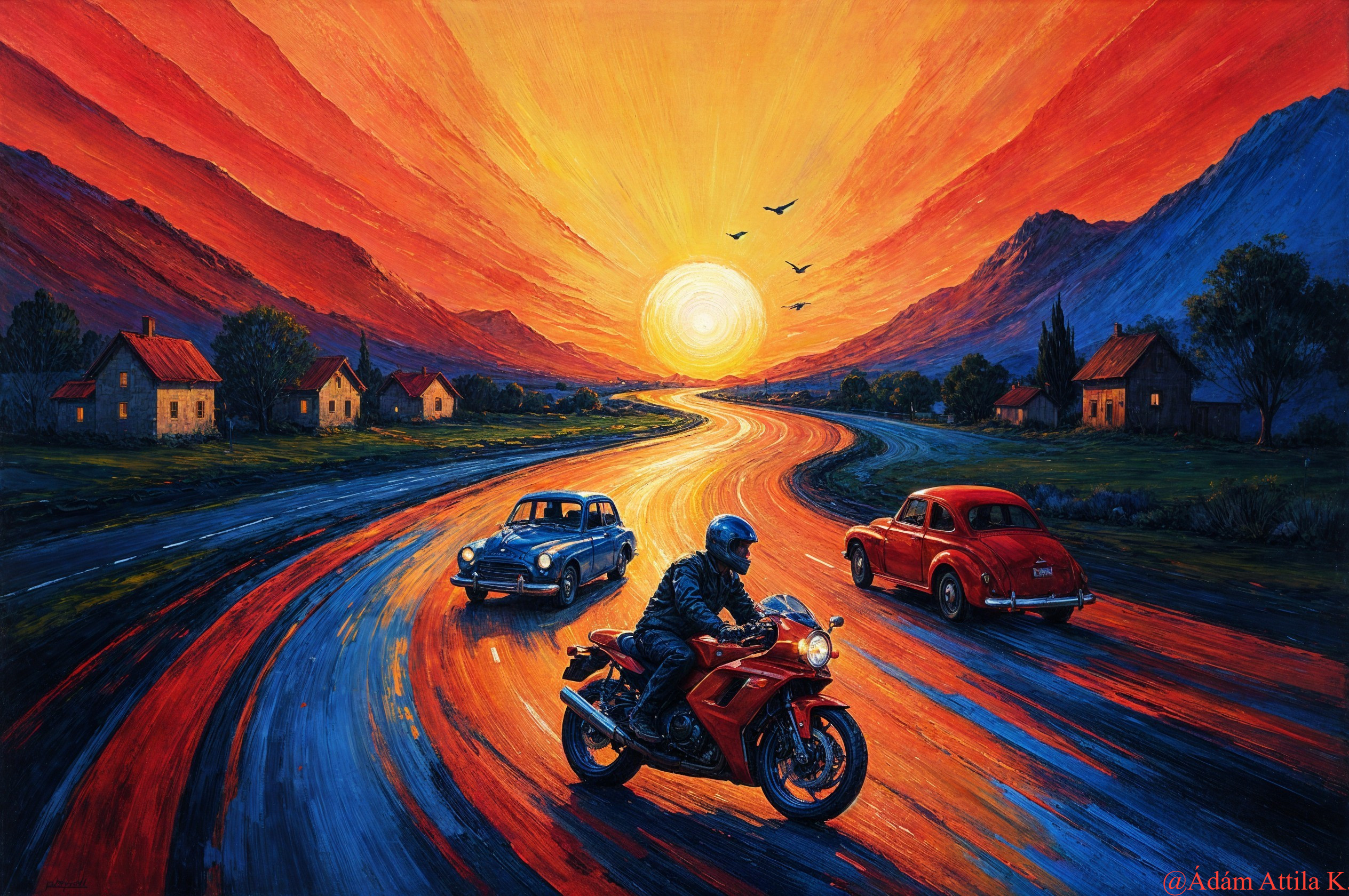 Sunset Over Road with Motorcyclist and Classic Cars