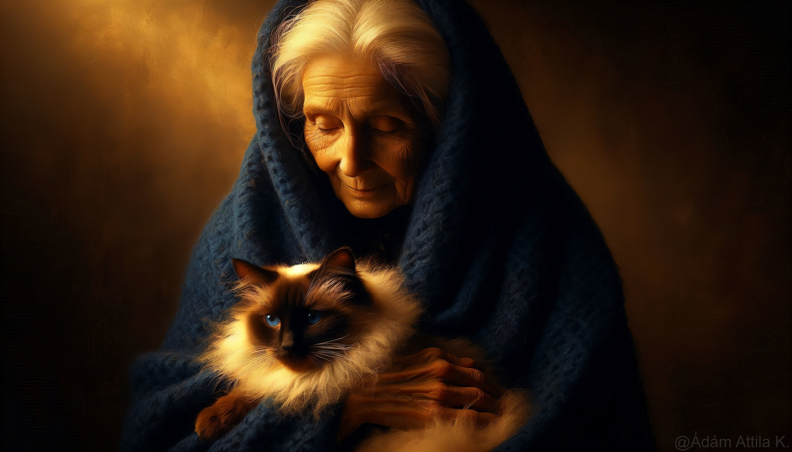 Elderly Woman with Blue Shawl and Cat in Warm Setting