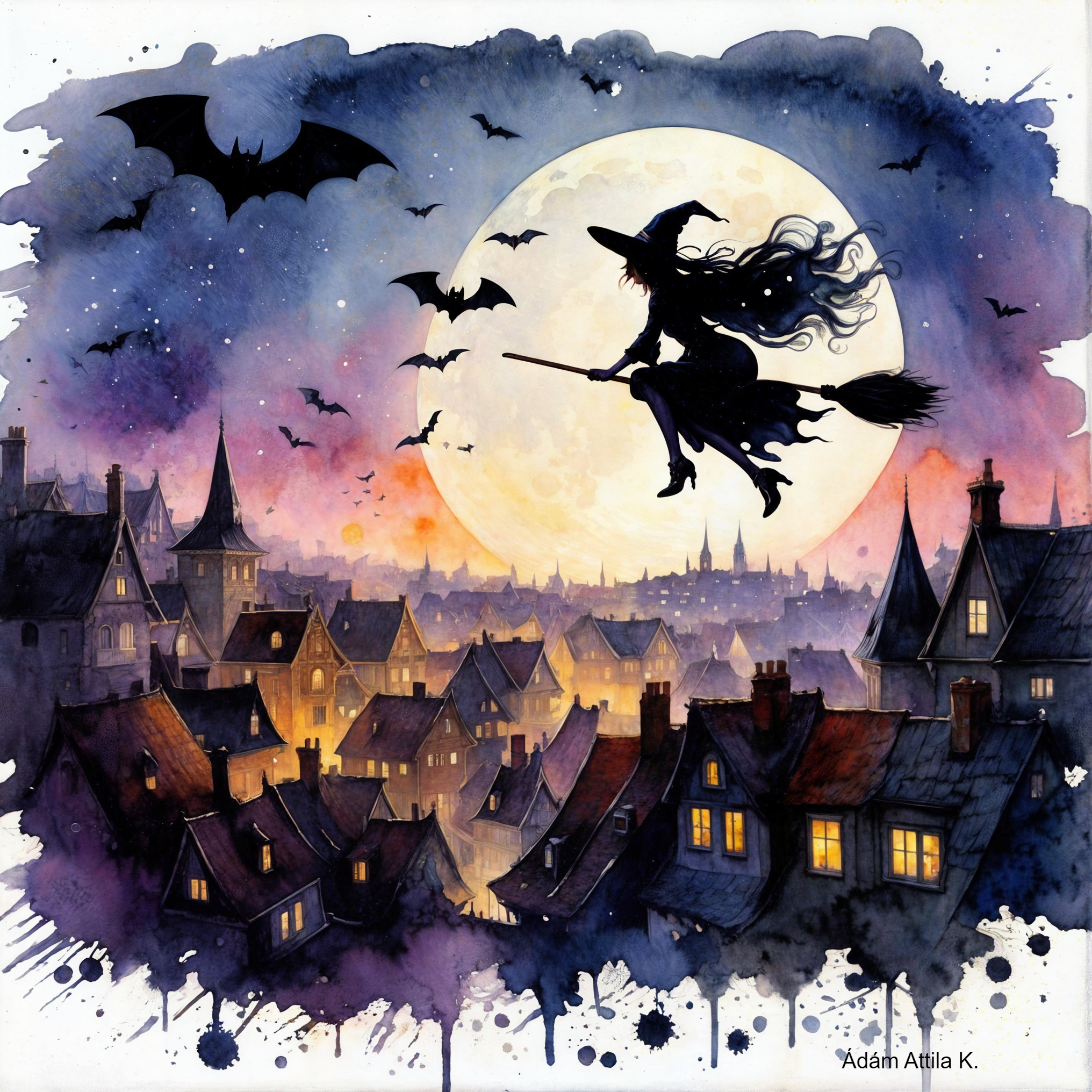 Whimsical Halloween Night Scene with Witch and Village