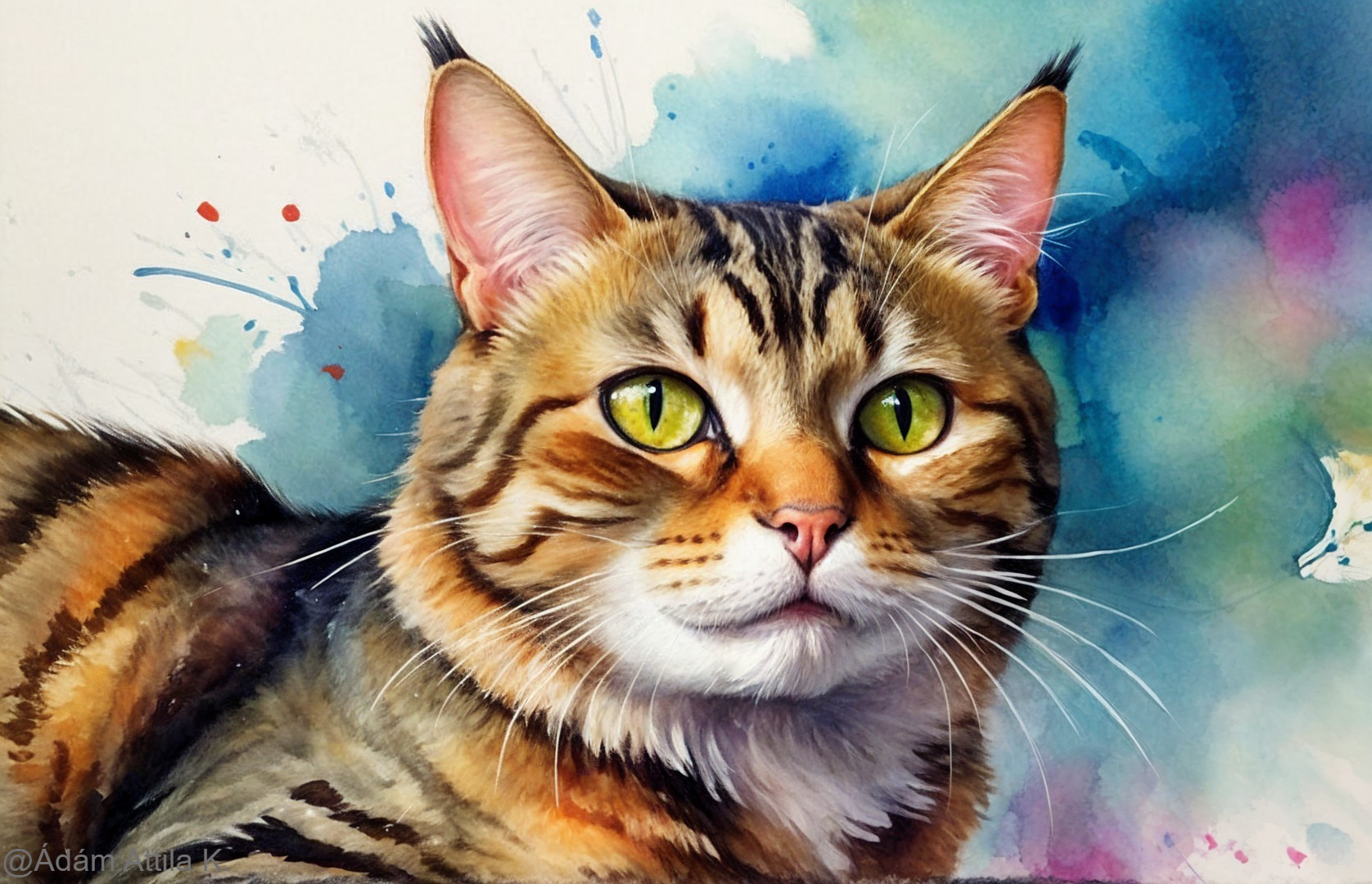 Watercolor Painting of Majestic Cat with Green Eyes