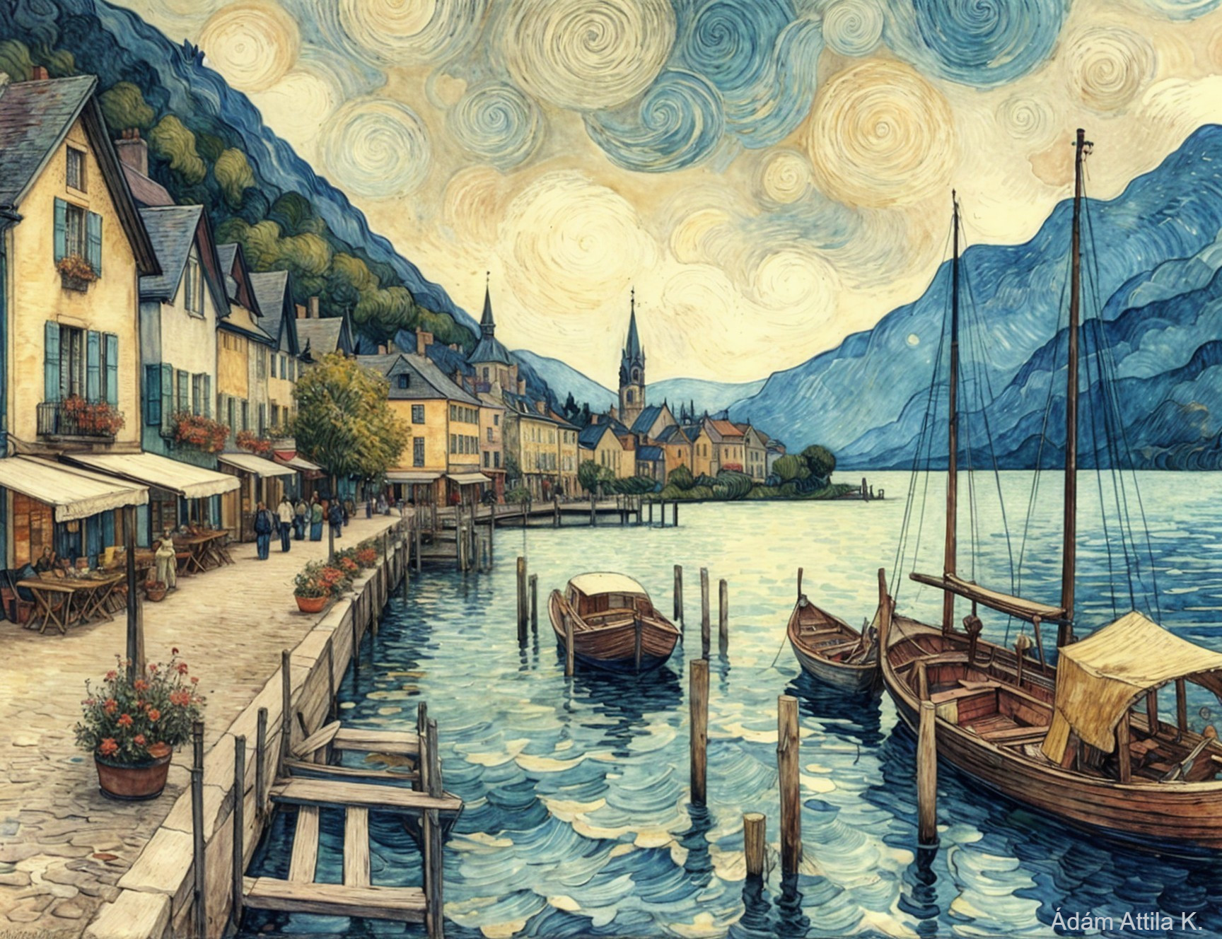 Serene Lakeside Village with Majestic Mountains and Boats