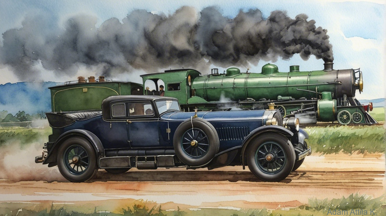 Vintage 1920s Blue Car and Steam Locomotive Scene