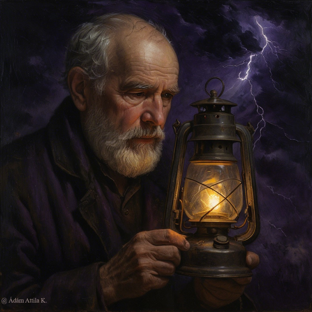 Elderly man holding lantern under stormy sky