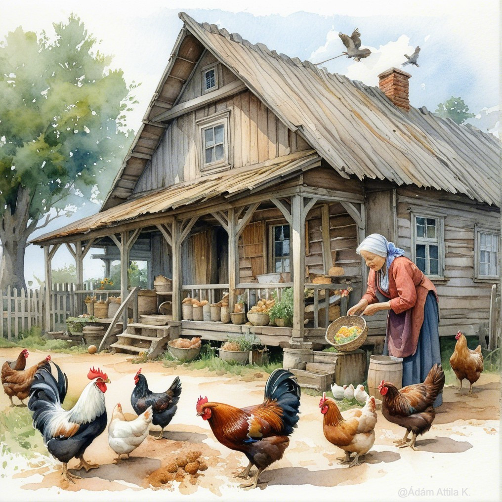 Wooden farmhouse with chickens in a serene countryside