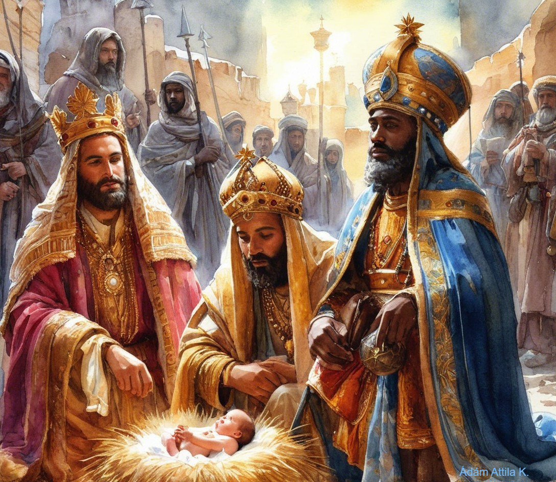 Nativity scene with three wise men by a manger