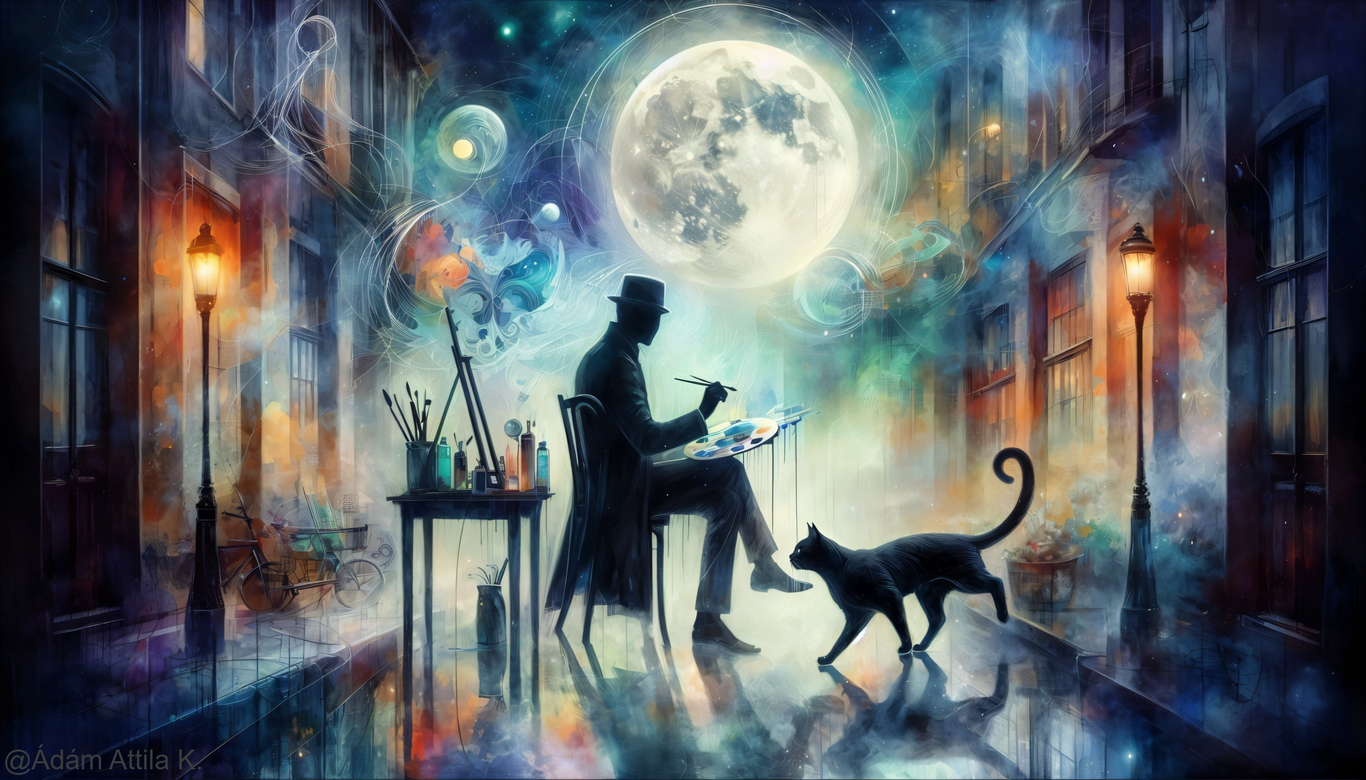 Dreamy Moonlit Street with Artist and Whimsical Cat