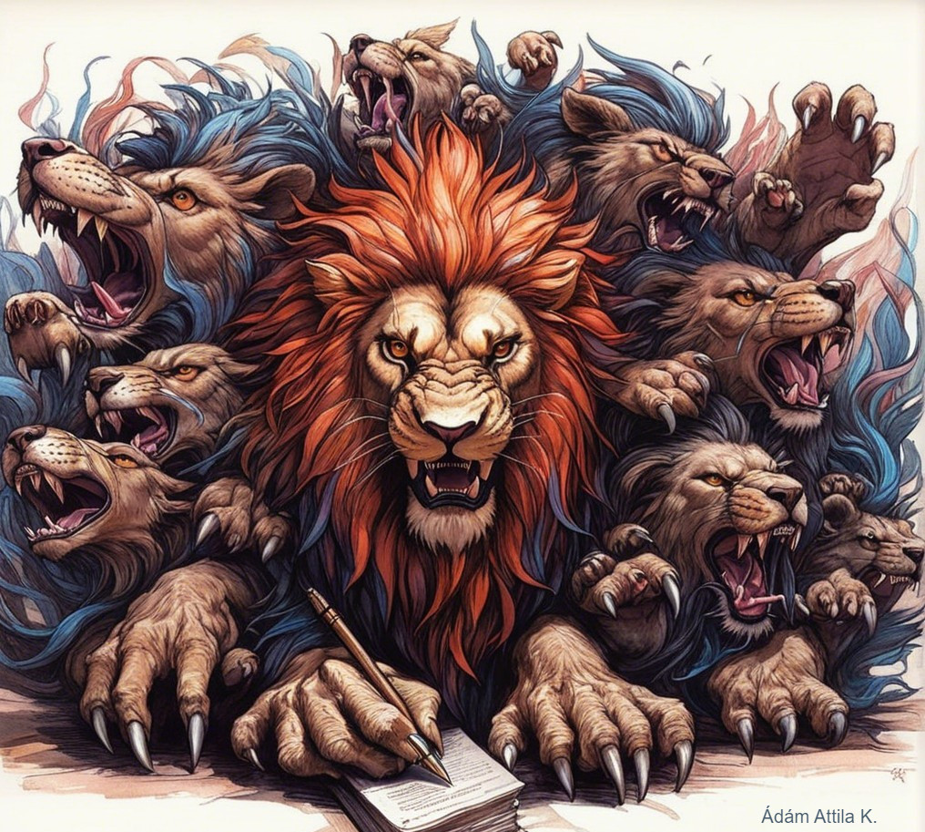 Central Lion Surrounded by Roaring Lions in Chaos