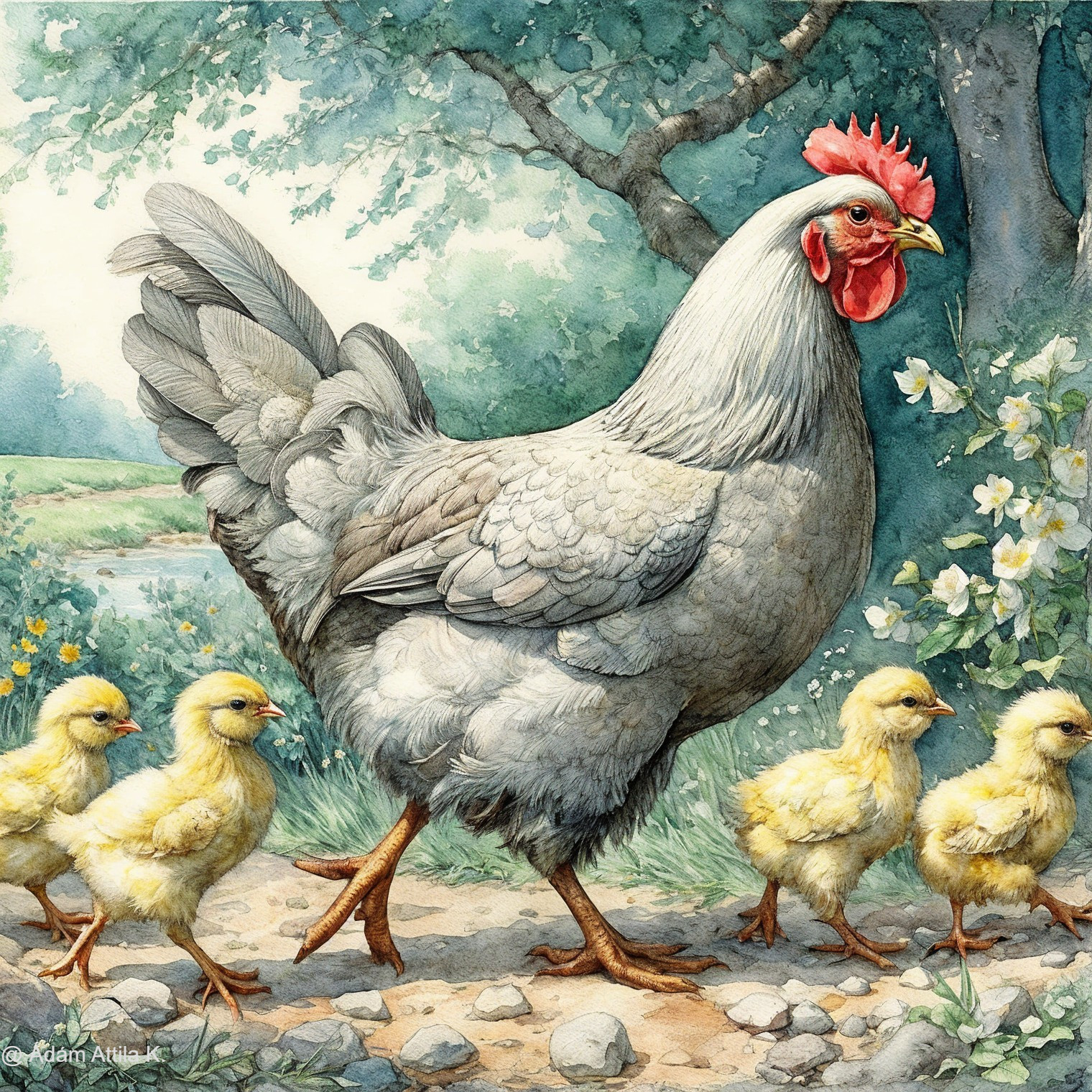 Mother Hen with Chicks in a Tranquil Countryside Scene