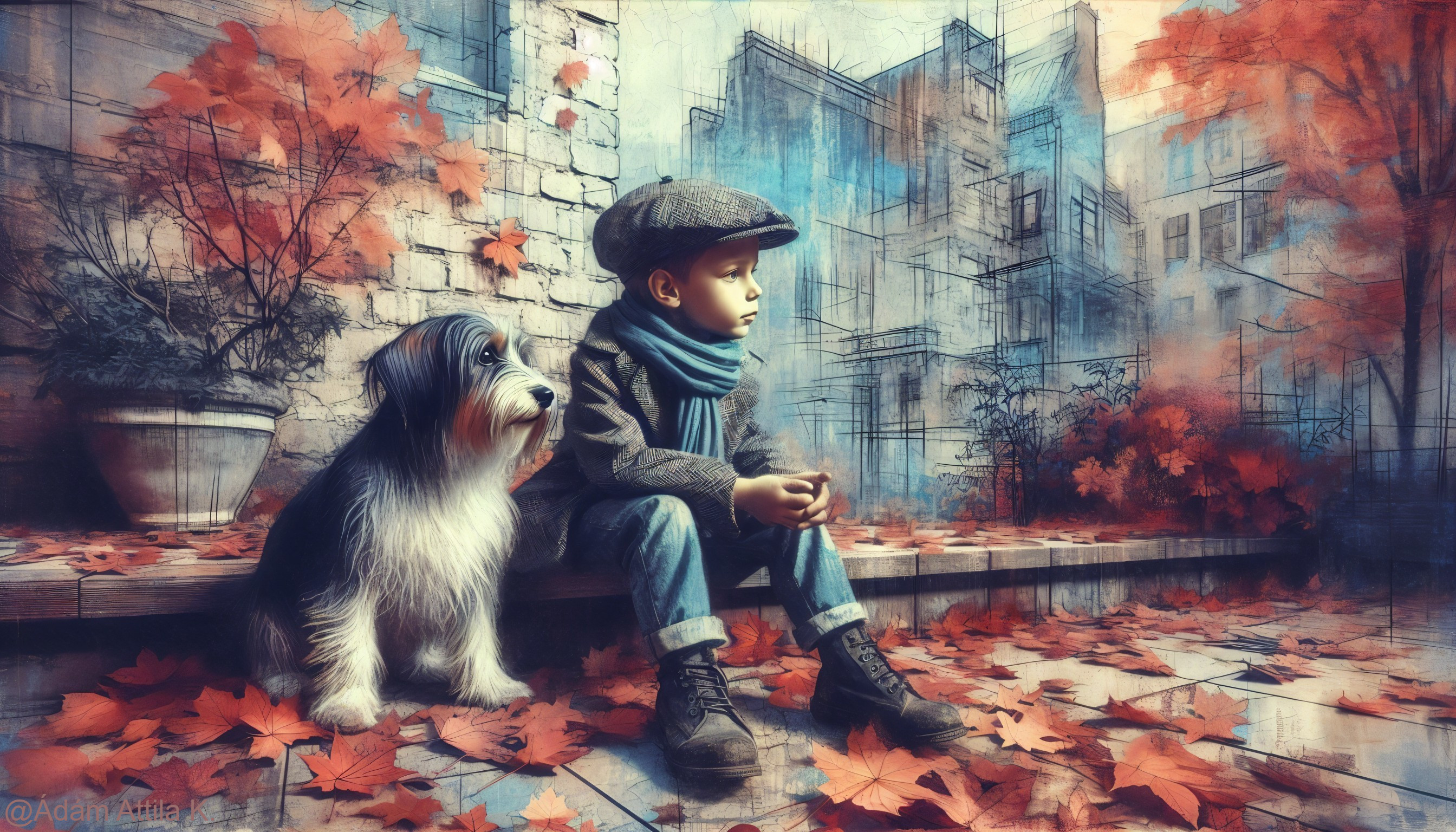 Young Boy and Dog Surrounded by Autumn Leaves