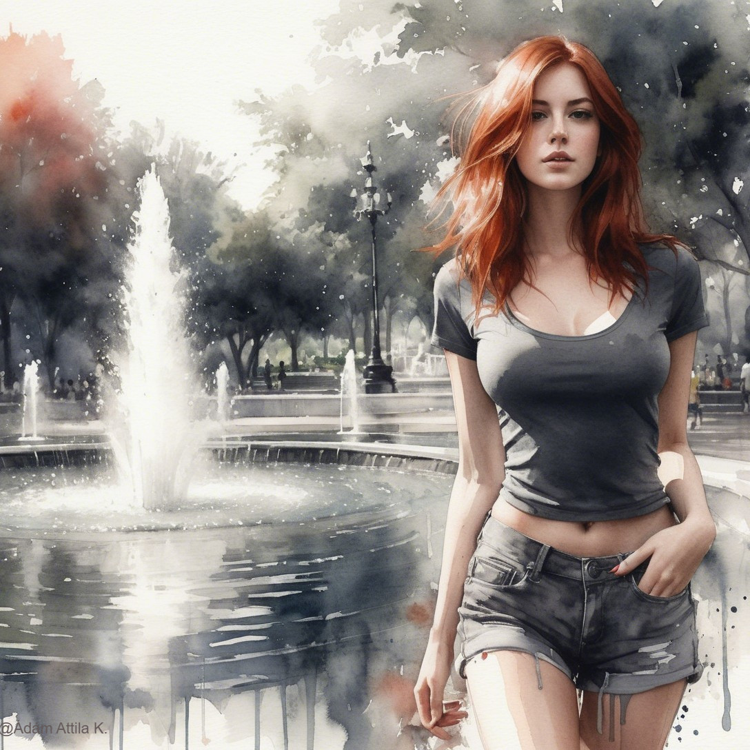 Young woman with red hair near park fountain