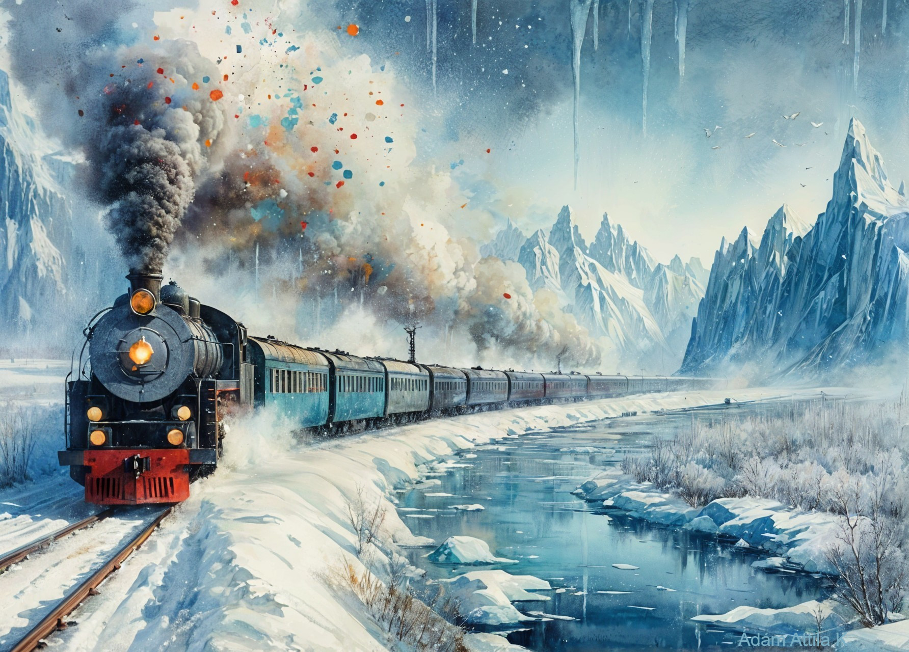 Vintage Steam Train in Winter Landscape with Mountains