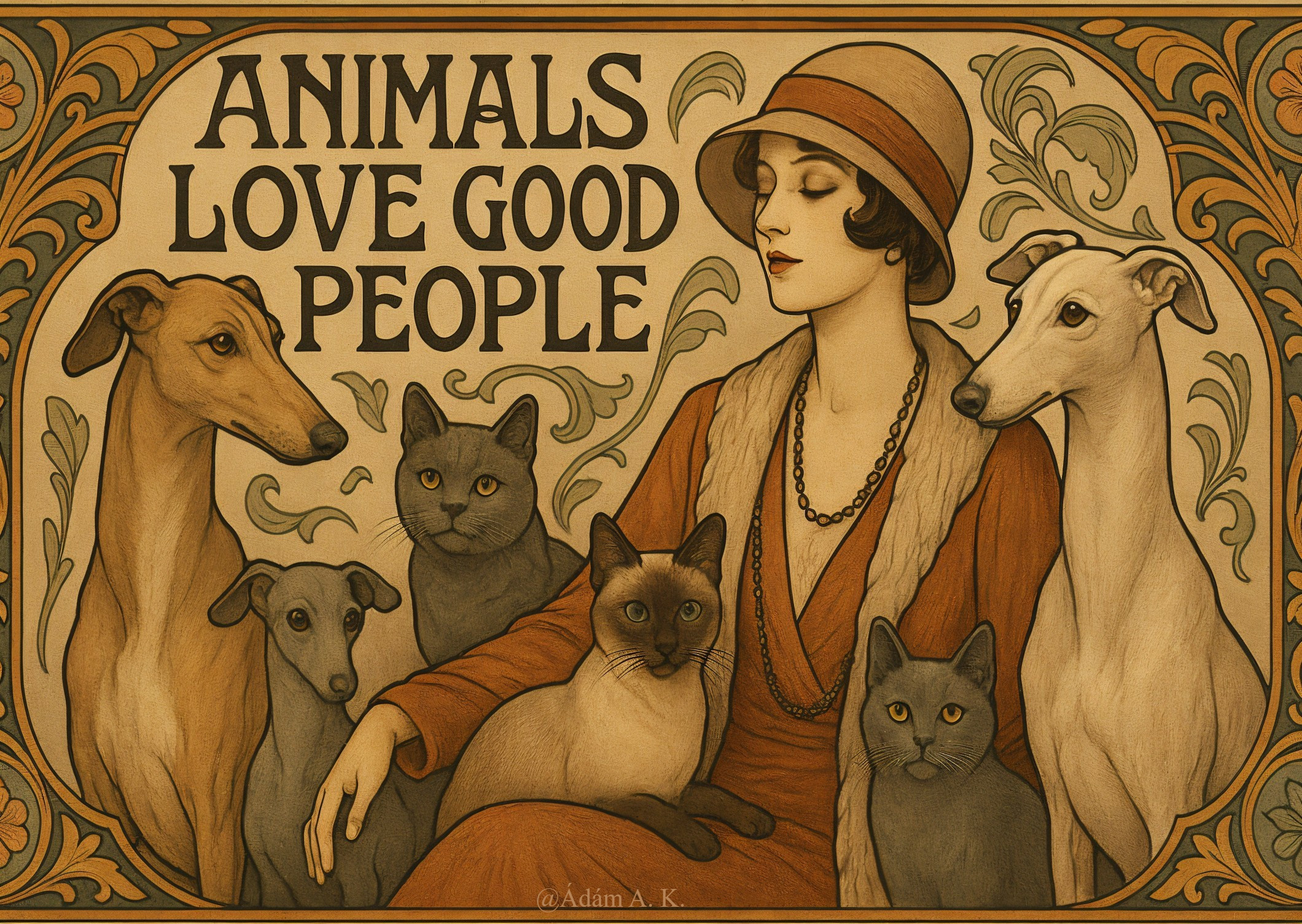Vintage 1920s Illustration of Woman with Animals