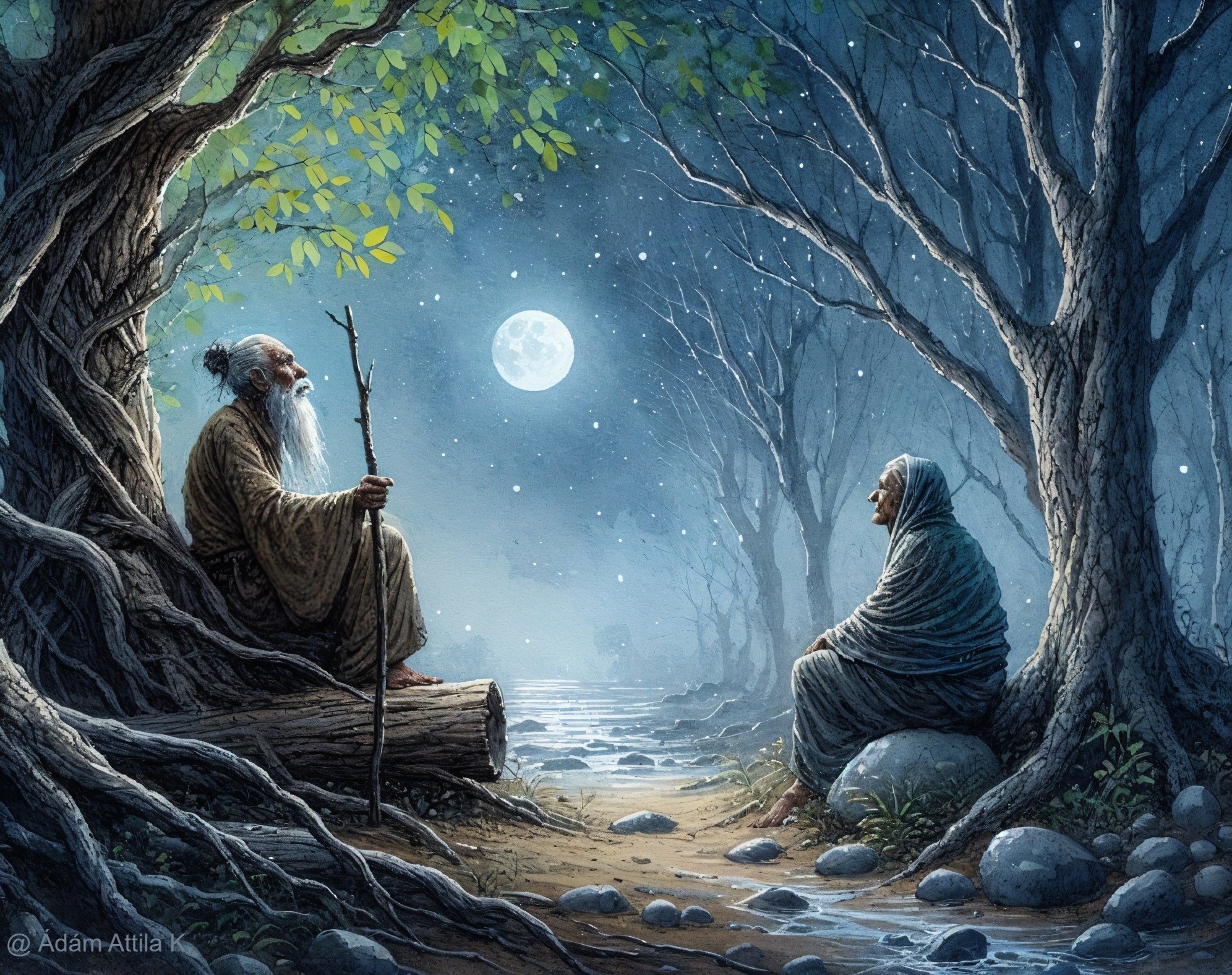 Elderly Sage and Woman in Moonlit Forest Conversation