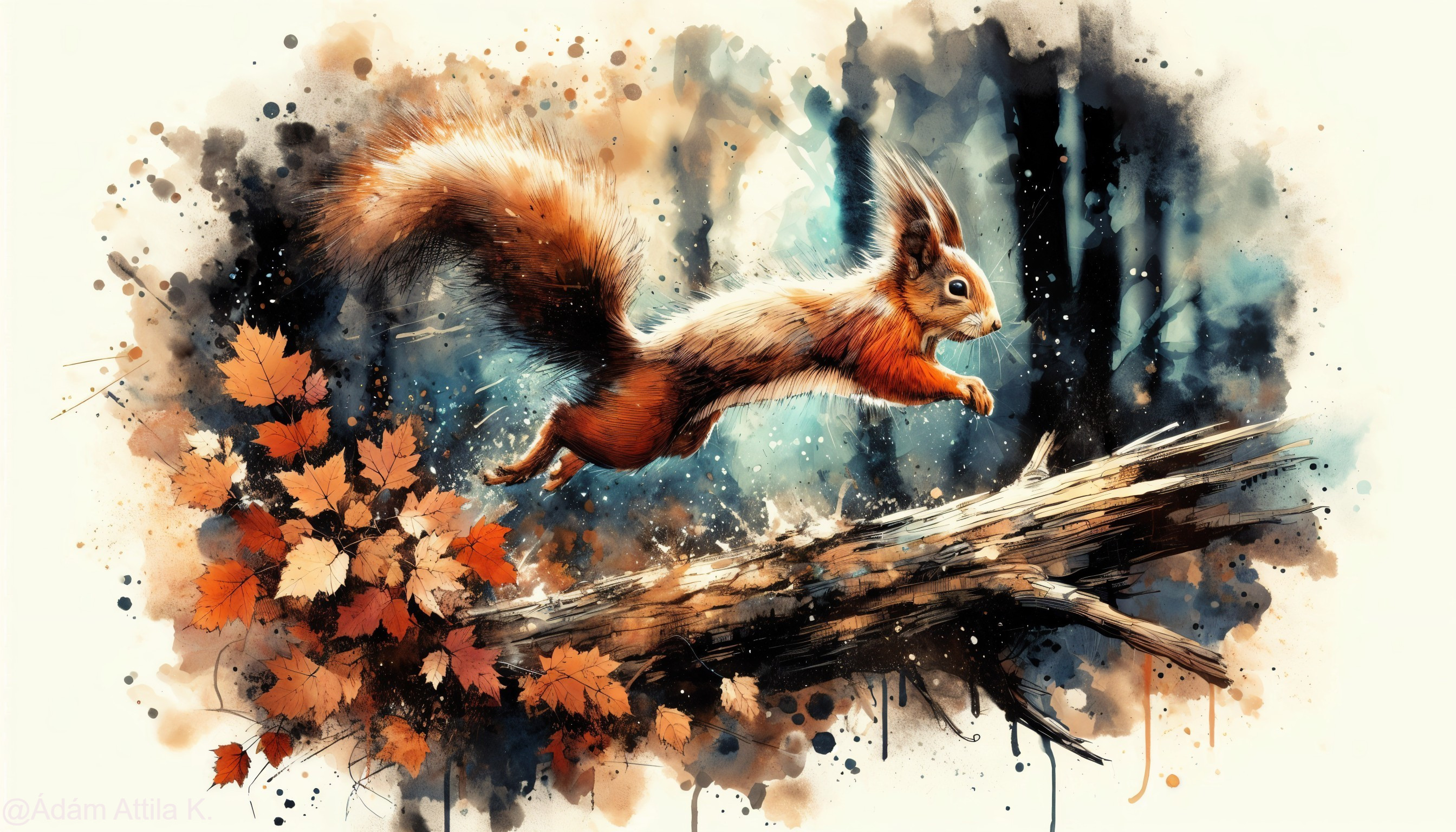 Squirrel Leaping Over Log Amidst Autumn Leaves