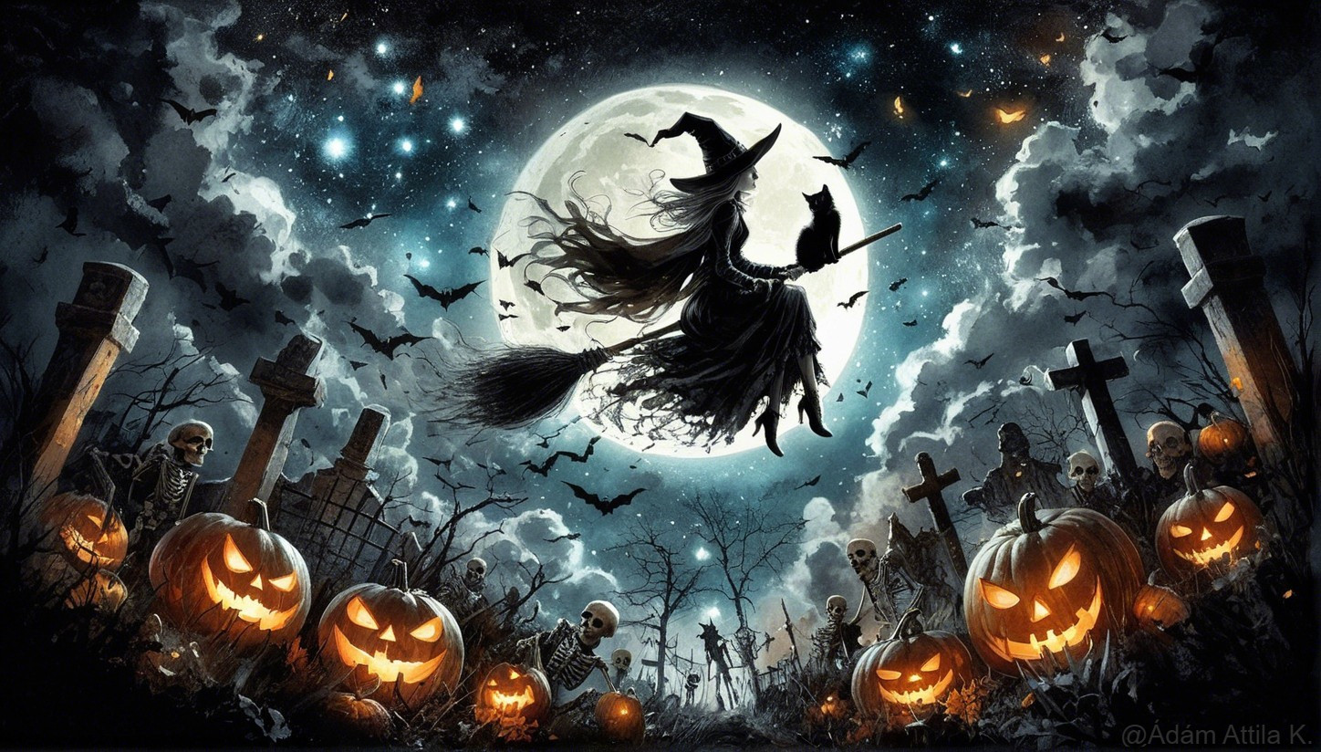 Halloween Scene with Witch, Bats, and Graveyard