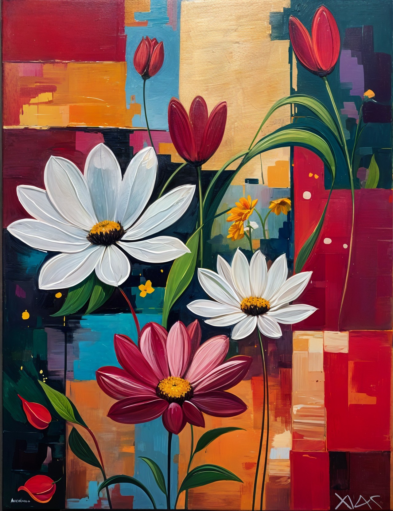Vibrant Floral Painting with Abstract Background