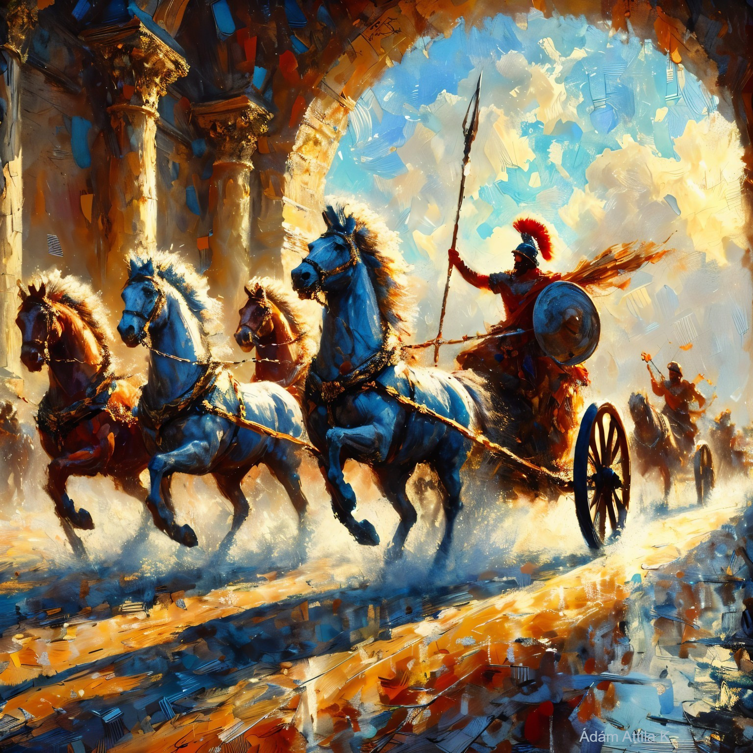 Impressionistic Roman Chariot Race with Horses and Armor