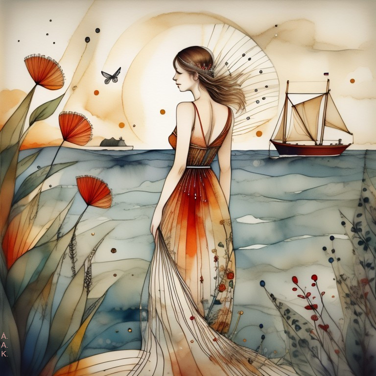 Woman in Colorful Dress by Water at Sunset