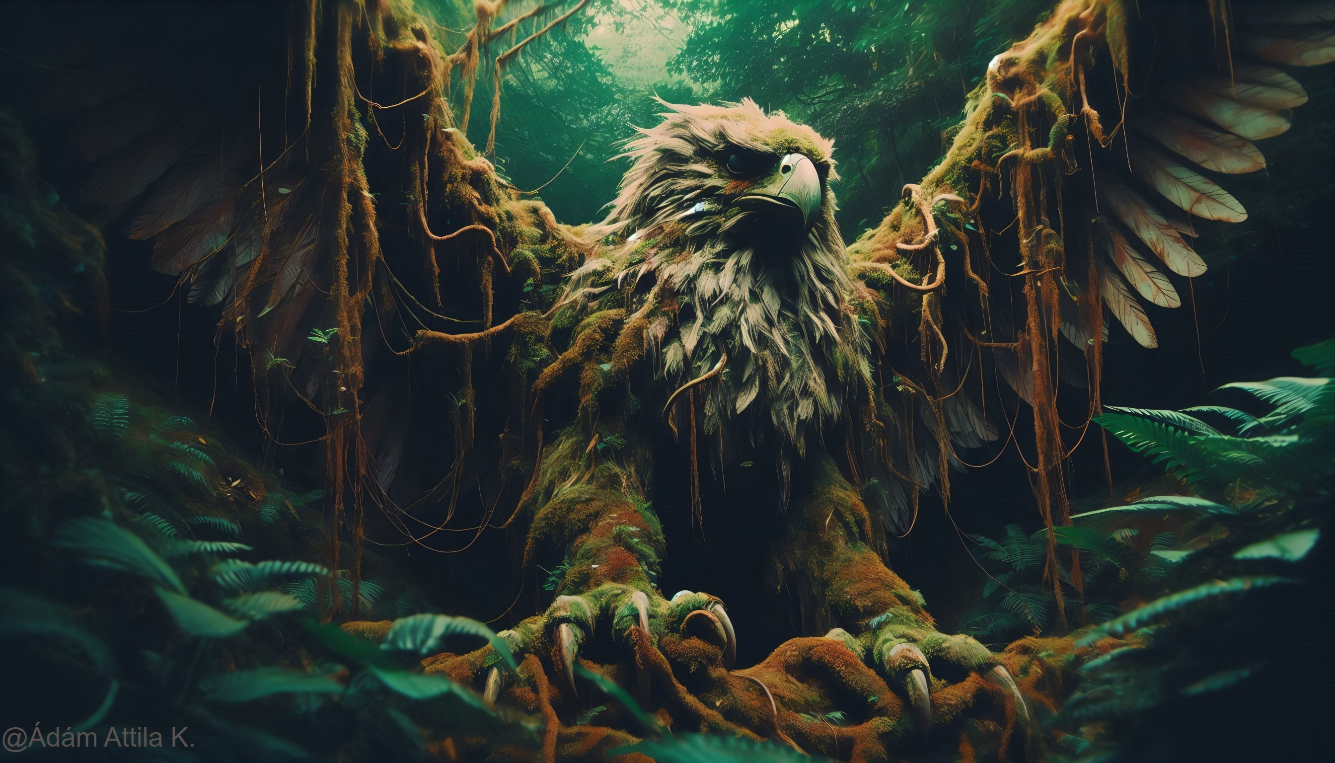 Griffin in a Lush Forest with Moss and Vines