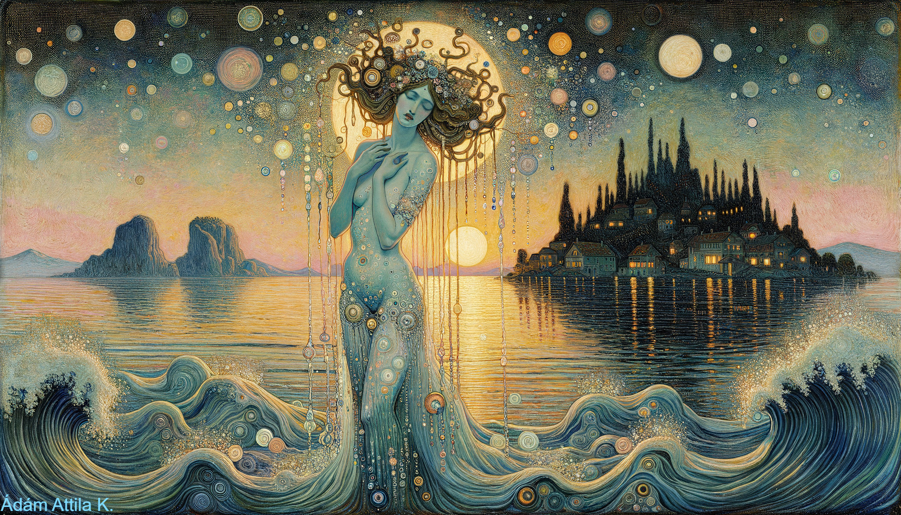 Mystical Underwater Scene with Ethereal Woman and City