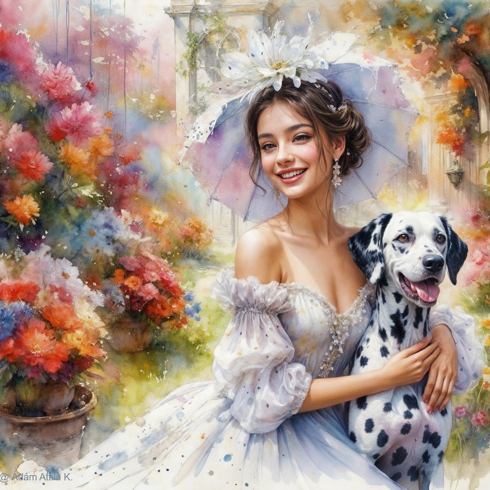 Young Woman in White Gown in Colorful Garden Scene