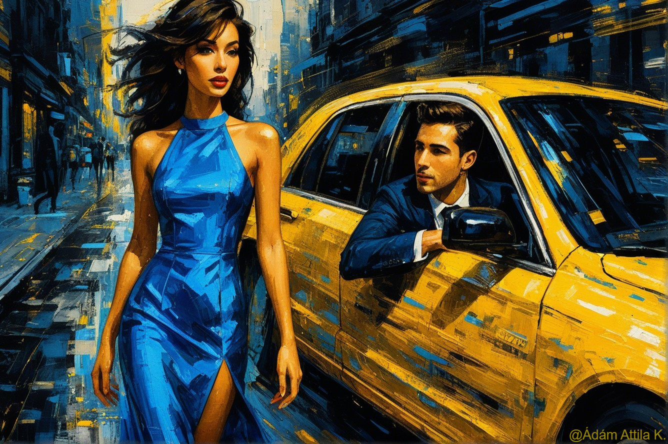Stylish Woman in Blue Dress Passes Yellow Taxi