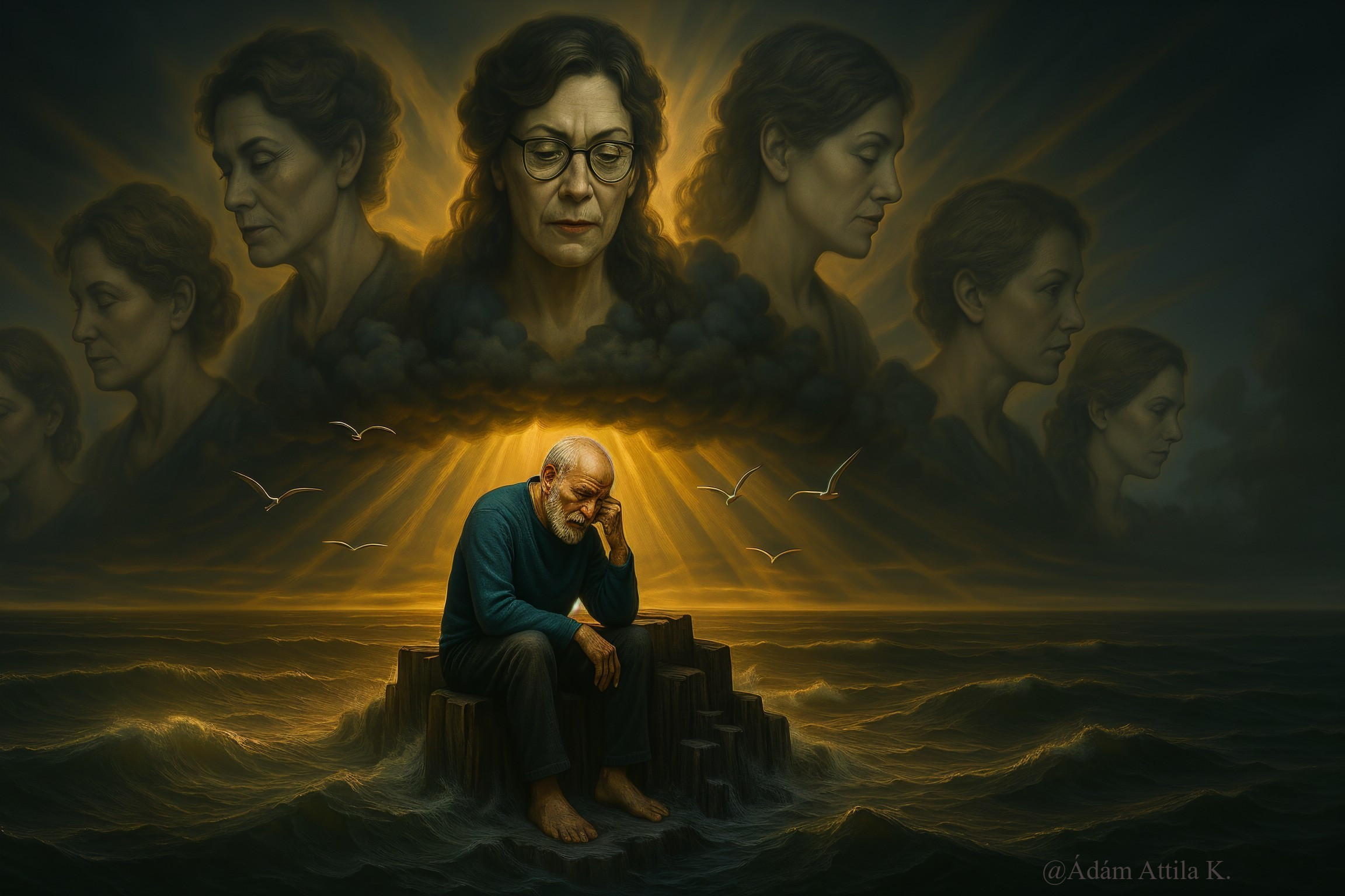 Elderly Man Surrounded by Turbulent Waters and Clouds